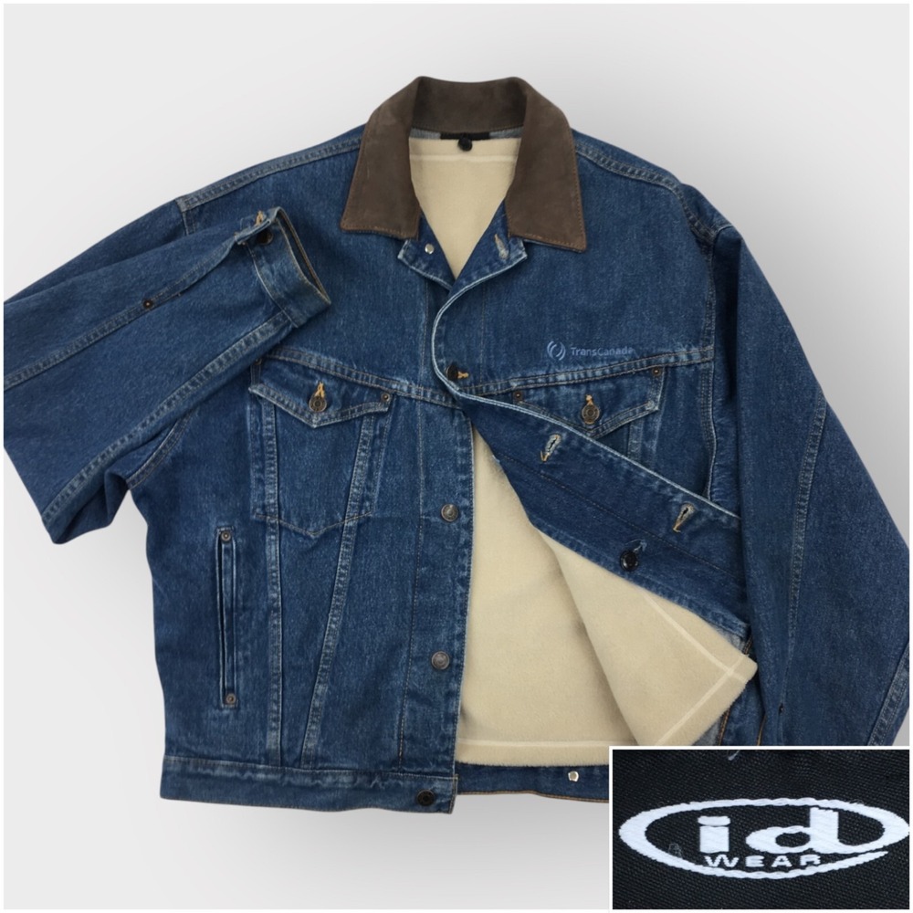 VINTAGE ID WEAR Denim Leather‎ Collar Trucker Jacket Mens Size M Fleece Lined